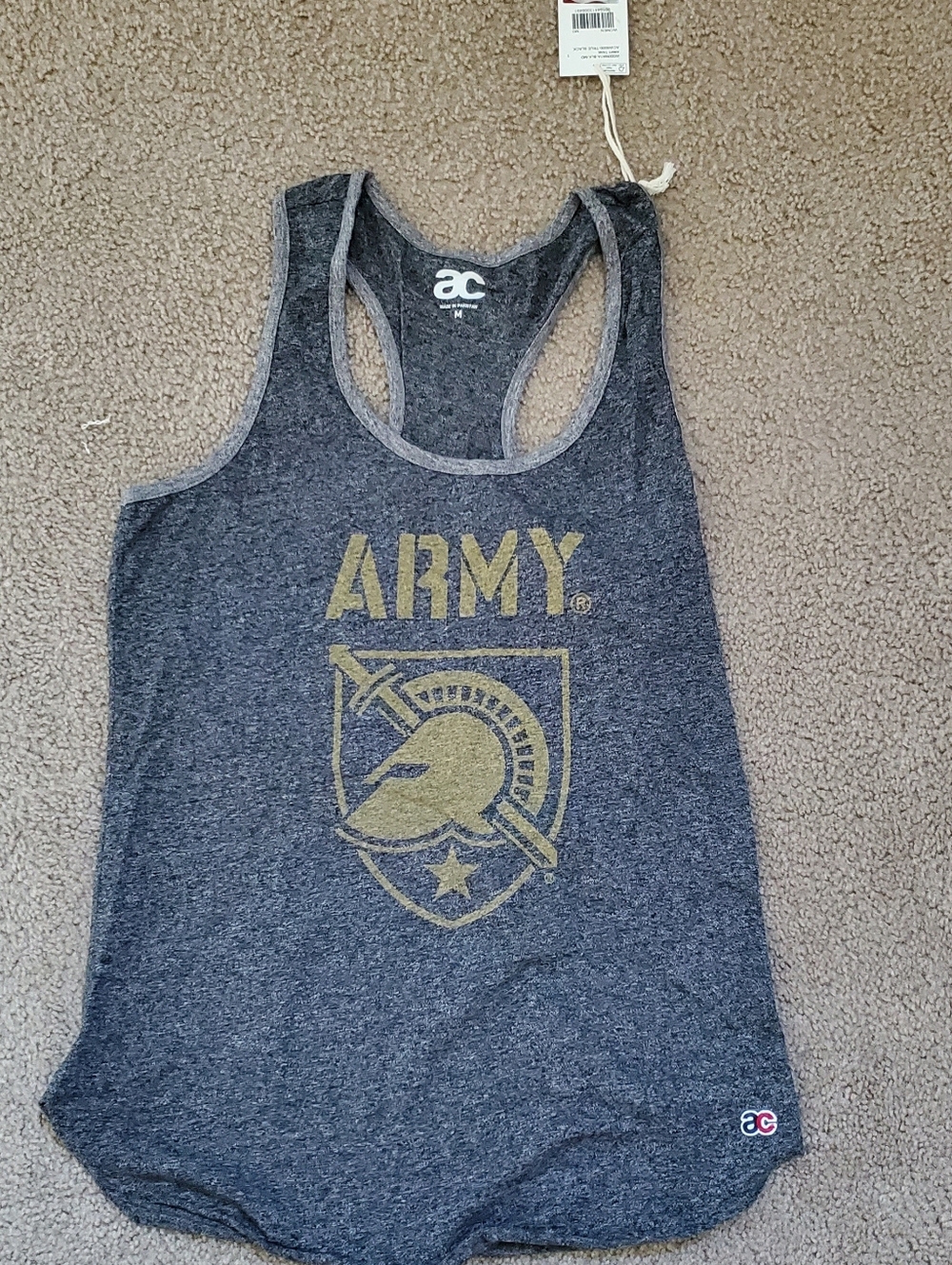 ARMY Gold Helmet Graphic Racerback Tank - Dark Heather Gray. Size M